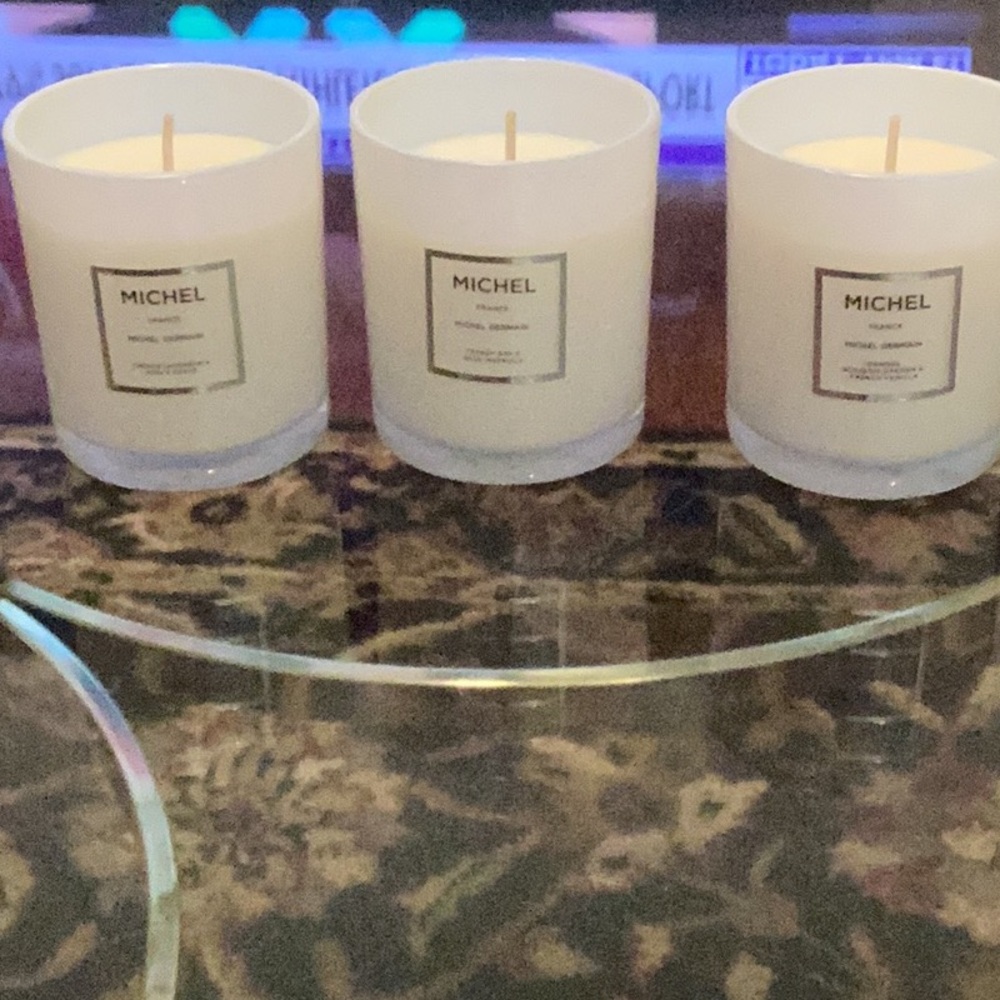 Michel Germain 3 White Candles in Glass Holders New in box